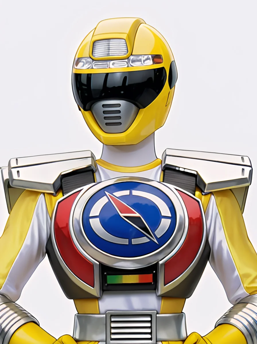 masterpiece, best quality, amazing quality, very aesthetic, absurdres, newest, anime screenshot, <lora:GoGo_Sentai_Boukenger_CharacterPack:1>tectoyellow, robot, solo, tectylow helmet, tectylow armor, tectylow bodysuit, breasts, yellow skirt, tectylow belt, tectylow gloves,,,simple background, , white background, upper body, looking at viewer, hands on own hips,