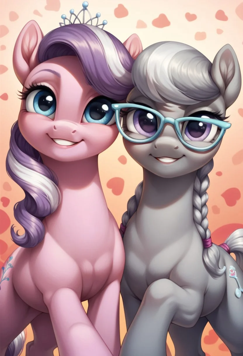 score_9, score_8_up, score_7_up, score_6_up, score_5_up, score_4_up, my little pony, ((feral pony)), Diamond Tiara, Silver Spoon, 2girls, ((duo)), (sexy), beautiful, detailed, (detailed cute pony face), detailed eyes, detailed fur, detailed hooves, beautiful, vector, flat colors, (beautiful long eyelashes), (beautiful hooves), (abstract background:1.8), (looking at you, looking at viewer:1.5), smile, happy, smug, ((close-up)), high angle
