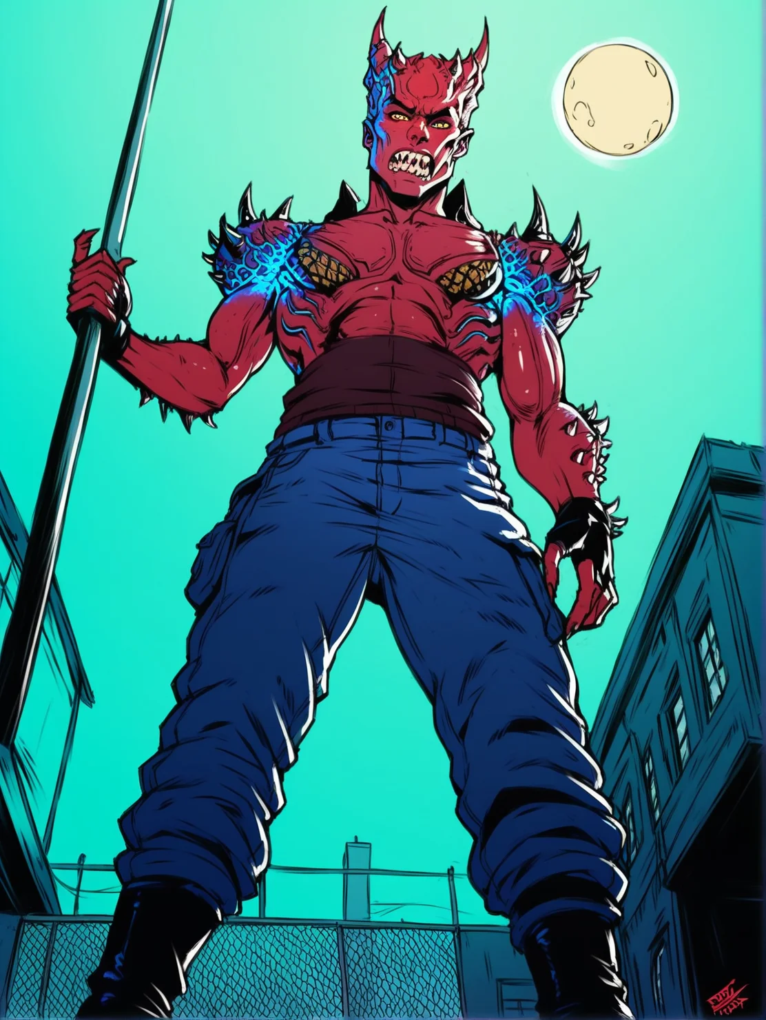 <lora:BladeDrakePonyv1:1>, score_9, score_8_up, score_7_up, high quality, best quality, hdr, uhd, 4k, masterpiece, bladedrakeponyv1, solo, spikes, colored skin, red skin, 1boy, rough skin, horns, teeth, monster, sharp teeth, glowing skin pattern, yellow eyes, night, moon, high collared cloack, dark, standing, standing on a roof's edge, full body, full body black cloack, <lora:Sinozick_Style_XL_Pony:0.8> sinozick style, flat color, dark theme, low angle view, looking down, looking at viewer, ((low angle view))