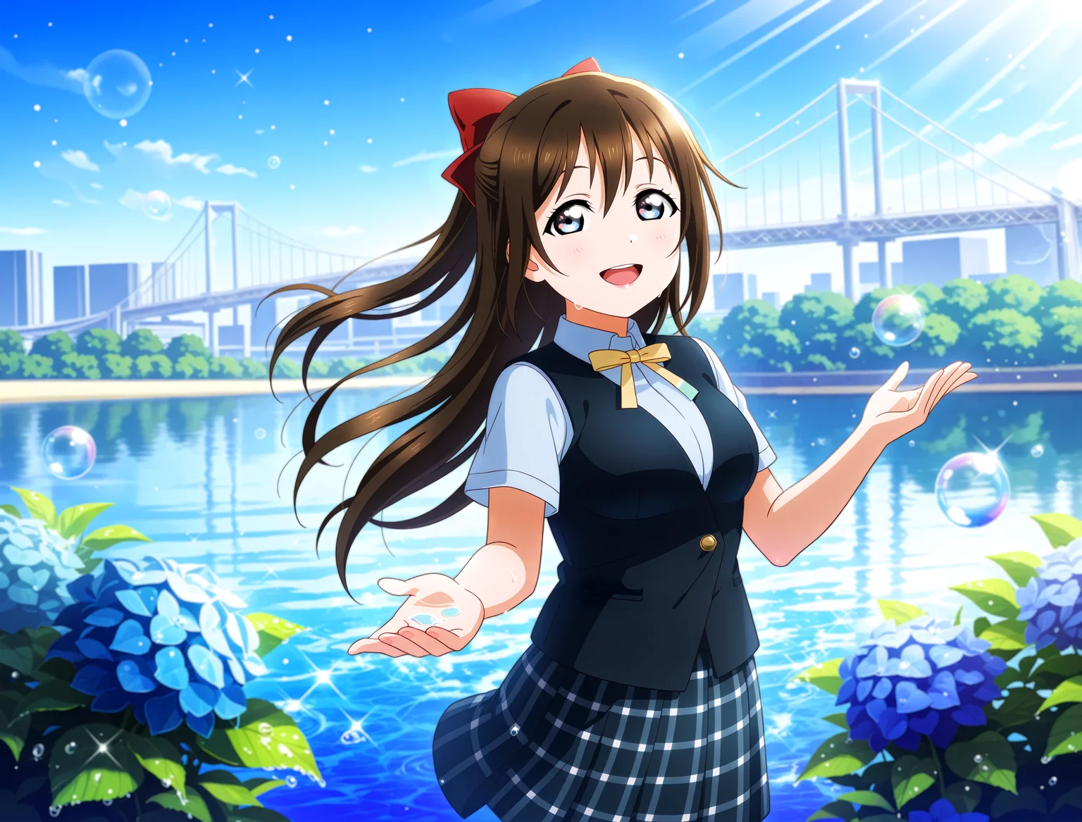 <lora:Koto-Umi-Riko-Shizu-Setsu-LLAS-IllustriousXLV01-V1:1> <lora:sdxl-boldline:-0.5> <lora:sdxl-flat:0.5>
<lora:Rainbowbridge-IllustriousXLV01-V1:1>
llas, masterpiece, very aesthetic, absurdres, best quality, newest, perfect anatomy, perfect lighting, anime coloring BREAK
(sparkle, light particles:1.2), light rays, sunlight, rim lighting, (depth of field, blurry background:1.2) BREAK
1girl, solo, looking at viewer, cowboy shot, sidelighting BREAK
osaka shizuku, hair bow, holding umbrella BREAK
big pupils, (detailed eyes:1.2), large breasts, lips, :d, upper teeth only BREAK
(nijisum, nijigasaki summer uniform:1.2), short sleeves, black vest, yellow neck ribbon, black skirt BREAK
rainbowbridge, odaibakaihinkoen, beach, bush, reflective water, day, blue sky, blue theme, (bubble, water drop:1.4), hydrangea