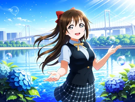 <lora:Koto-Umi-Riko-Shizu-Setsu-LLAS-IllustriousXLV01-V1:1> <lora:sdxl-boldline:-0.5> <lora:sdxl-flat:0.5>
<lora:Rainbowbridge-IllustriousXLV01-V1:1>
llas, masterpiece, very aesthetic, absurdres, best quality, newest, perfect anatomy, perfect lighting, anime coloring BREAK
(sparkle, light particles:1.2), light rays, sunlight, rim lighting, (depth of field, blurry background:1.2) BREAK
1girl, solo, looking at viewer, cowboy shot, sidelighting BREAK
osaka shizuku, hair bow, holding umbrella BREAK
big pupils, (detailed eyes:1.2), large breasts, lips, :d, upper teeth only BREAK
(nijisum, nijigasaki summer uniform:1.2), short sleeves, black vest, yellow neck ribbon, black skirt BREAK
rainbowbridge, odaibakaihinkoen, beach, bush, reflective water, day, blue sky, blue theme, (bubble, water drop:1.4), hydrangea