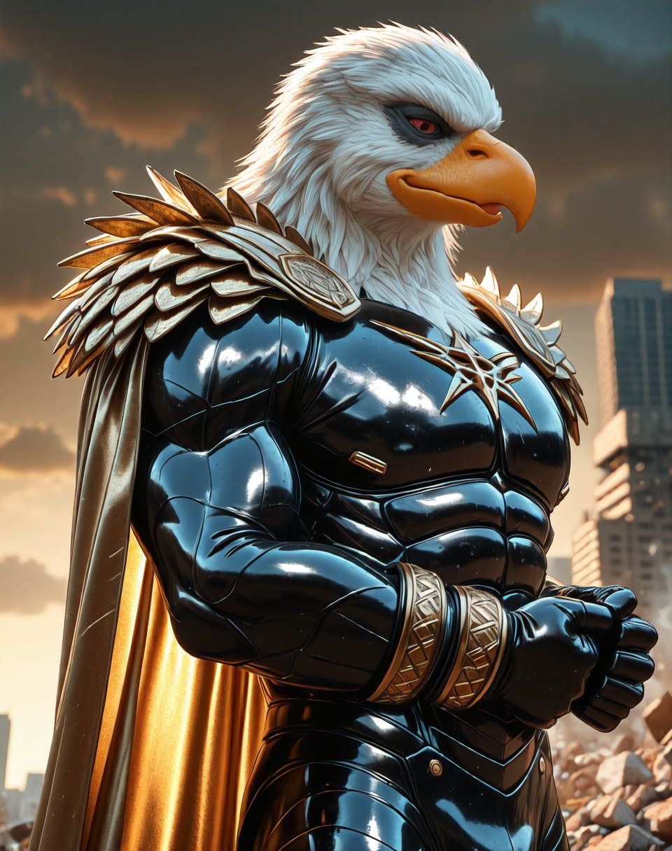 8K, In'ei, chiaroscuro, masterpiece, beautiful, sharp focus, crisp details, photographic realism, gradient coloring, 8K CGI render, hyper realism, intricate details, 
<lora:Adlerian_(Illustrious)_(AD):0.85> Adlerian, eagle, Adleria, muscular,
exterior, dutch angle, dynamic action, cowboy shot, bent knee, city skyline, rubble, destroyed hero base, sky with clouds, dark picture,
male focus, leather armored, warrior, metallic latex leather chest armor with ab lines, metallic latex leather cuffed gloves, metallic latex leather cuffed boots, voluminous cape, bare thighs, biceps, shoulders, beak,
supervillain, supervillain suit, chest armor, virtuoso fighter, despite being a villain he has a large number of fans, women fawn over him finding the villain sexy, the villains raw strength and manliness is an inspiration for many to become villains, he represents the strength and ideals of a supervillain, feathered head, beak, he is mocking the heroes for their weakness,
 SmoothNoob_Quality,