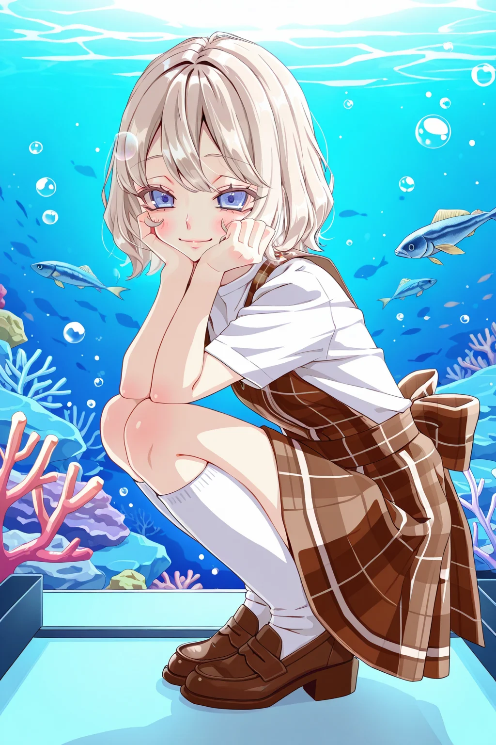 <lora:Hanairo_Nezuko:1>, Hanairo_Nezuko, 1girl, solo, squatting, fish, socks, smile, white socks, looking at viewer, dress, shoes, plaid, head rest, bubble, brown footwear, coral, kneehighs, closed mouth, back bow, bow, blush, shirt, white shirt, full body, aquarium,