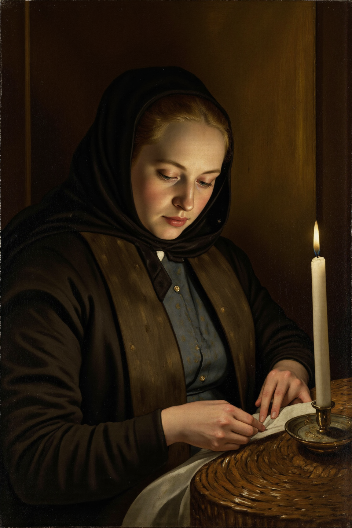 yfg-p@int, Old world master paintings of a woman sewing by candlelight, captured with a Hasselblad H6D camera and an 80mm f/2.8 lens. Set the aperture to f/5.6 for a moderate depth of field, allowing the subject's face and hands to remain in sharp focus while subtly blurring the background. The composition should follow the principles of Sfumato, with soft brushstrokes and subtle gradations of tone that create a sense of depth and volume. Adjust the shutter speed to 1/30 to maintain a soft, dreamlike quality. Set the white balance to warm tones to enhance the golden glow of the candlelight, casting a soft, benevolent light on the subject's face. Consider using reflections off the sewing basket and subtle shadows to add depth and emphasis to the scene, capturing the quiet intimacy and tranquility of the moment.