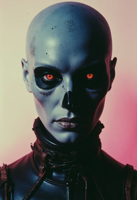 Analog photo, eerie and haunting extreme face close-up ofafemale skeleton with a weathered, menacing, surreal appearance, with an unnerving smile with missing teeth, striking eyes, and grotesque features. The skeleton wears the remains of tattered leather armor with sci-fi elements. The eyes are shaded, sad and pained, with a contagious sorrow accentuating the intense, unsettling gaze. The macabre photograph is hyper-detailed, taken on an older analog camera, featuring a vibrant neon fluorescent monochromatic gradient background in bleached tones, combined with gray and white color grading for a dramatic effect. <lora:Reticulating_Noise_Gradient_Flux:0.3> Reticulating Noise Gradient, noisy, grain-shaded gradient, vibrant neon fluorescent hues, grainy, pixelated texture, filter-enhanced, stylized image, monochromatic color scheme, neon fluorescent theme, <lora:Wiz-Arcana-Spectral_Glow:0.45> spectral glow, chromatic grain, motion blur, diffuse silhouette, light leak effect, prism effect, inverted negative film, ethereal, <lora:70sHorrorMovie2Flux:0.5>,<lora:polaroid_v2.0:0.5>