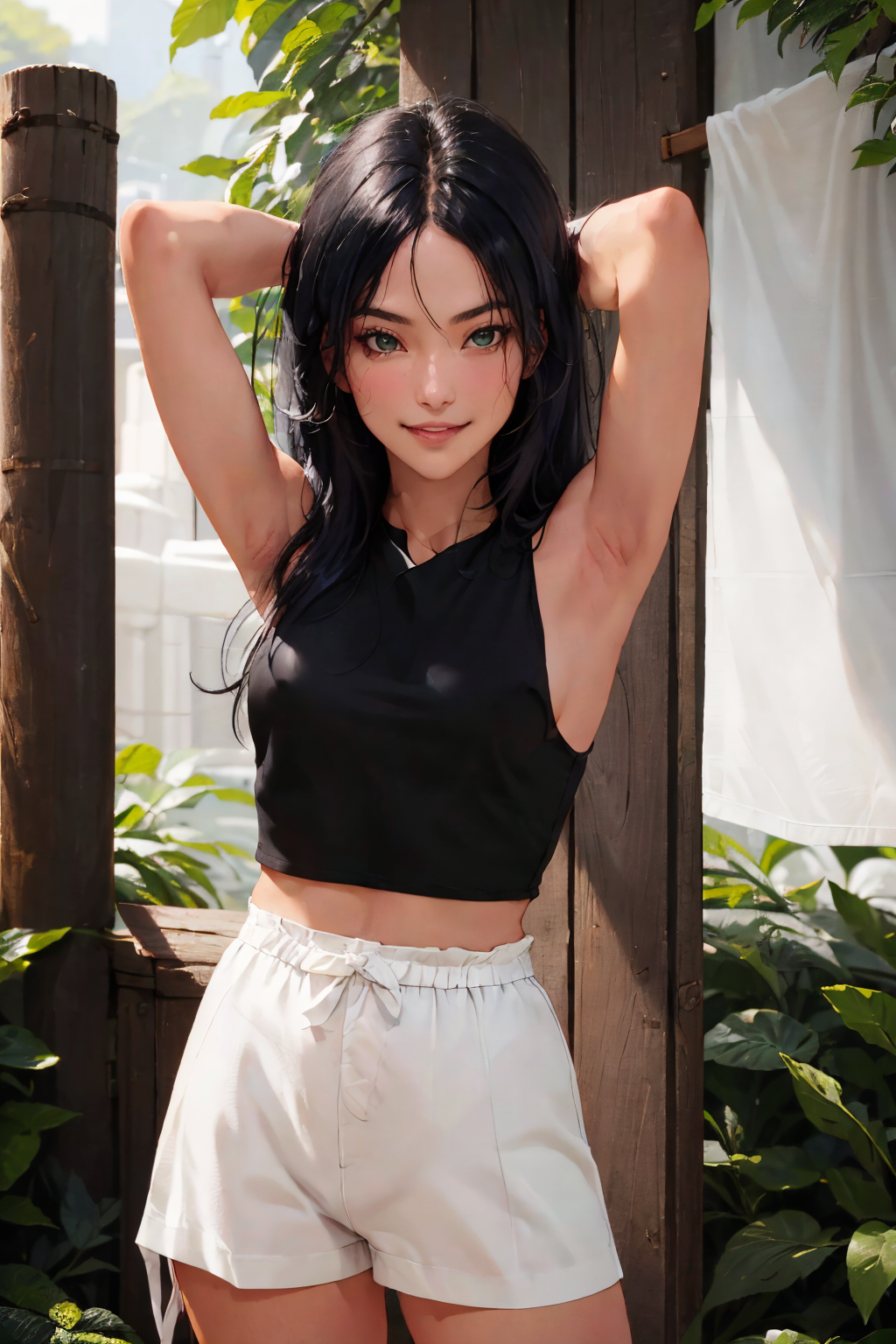 cowboy shot a beautiful Italian woman with black hair, ideal face, looking at viewer, cute smile, ideal body, stretching, both arms up, black crop top, white paperbag shorts, pale skin, detailed skin, natural lighting, film grain, Canon 5D, sharp focus on subject, Fujifilm XT-3, <lora:picxer_real:1.5>, <lora:btpabsho:0.7>