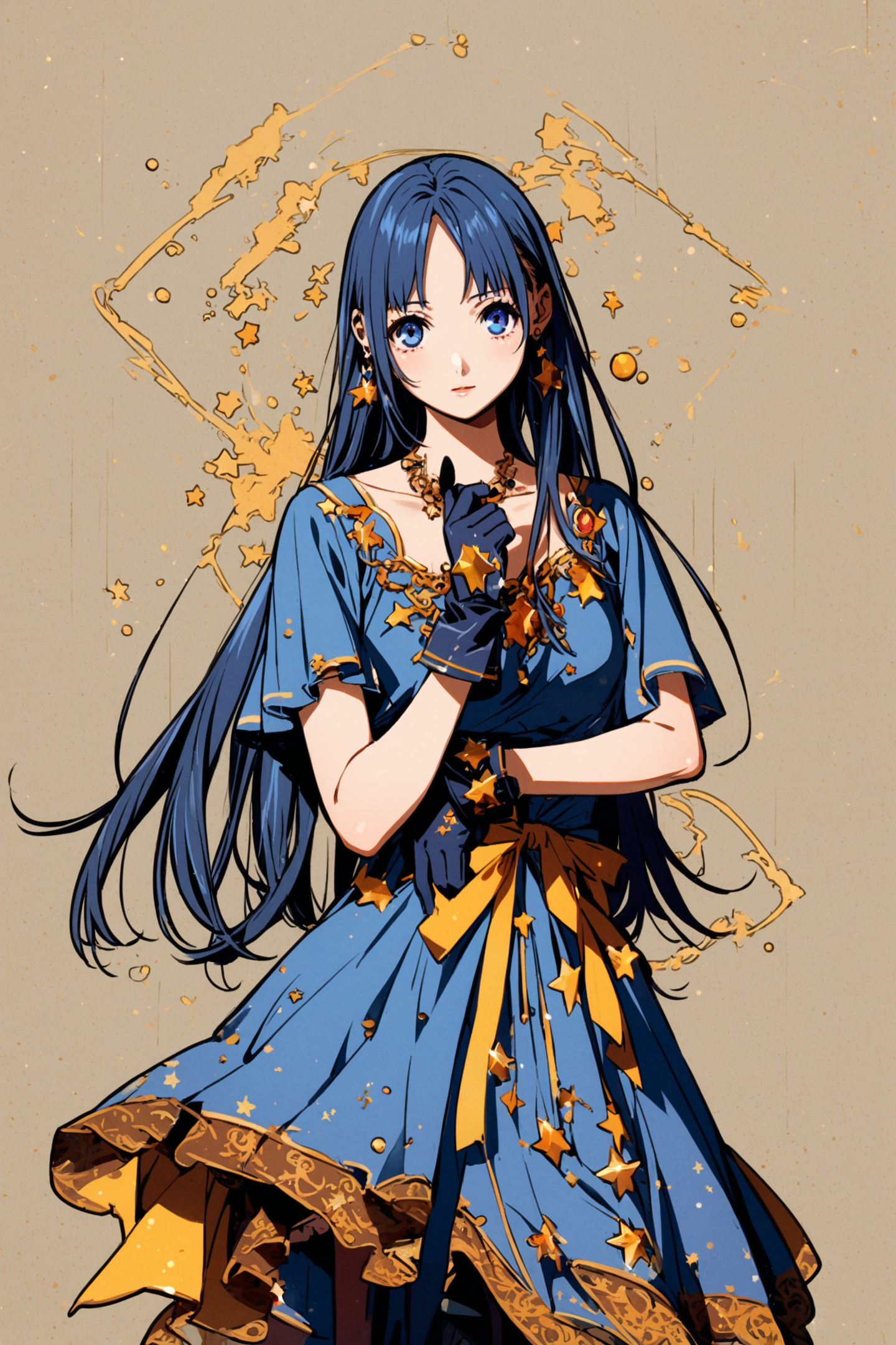 1girl,solo,long hair,gloves,star \(symbol\),jewelry,dress,earrings,blue hair,blue eyes,<lora:Yasuomi Umetsu_XL:0.8>,