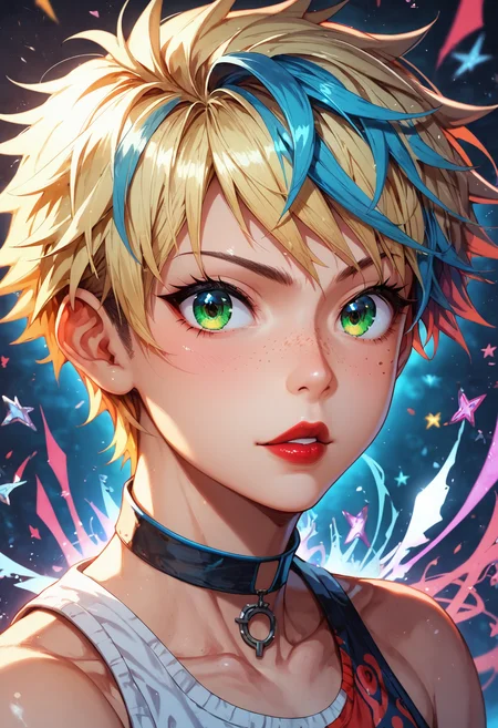 (score_9, score_8_up), score_7_up, MythAn1m3, source_anime, 1girl, sexy 18 year old tomboy, perfect body, fair skin, cute face, freckles, dimples, green eyes, medium breasts, long legs, choker, firm butt, round ass, blonde hair, two-tone hair, blue pixie cut blue hair, young, large eyes, petite, very cute, detailed background, vibrant, lively, masterpiece, ultra-detailed, best quality, illustration, Depth of field, dynamic lighting, high-contrast, flashy gyaru, showy, many accessories, colorful clothes, kogal, adorable anime girl in decora fashion, detailed body, colorful and vibrant outfits, kawaii, dynamic and energetic poses, long voluminous eyelashes, close up, half body shot, red lips, jet black theme, deep black and white, mysterious atmosphere, her hair blows in the wind, attractive, portrait, dark fantasy world <lora:MythAnim3Style:0.8>