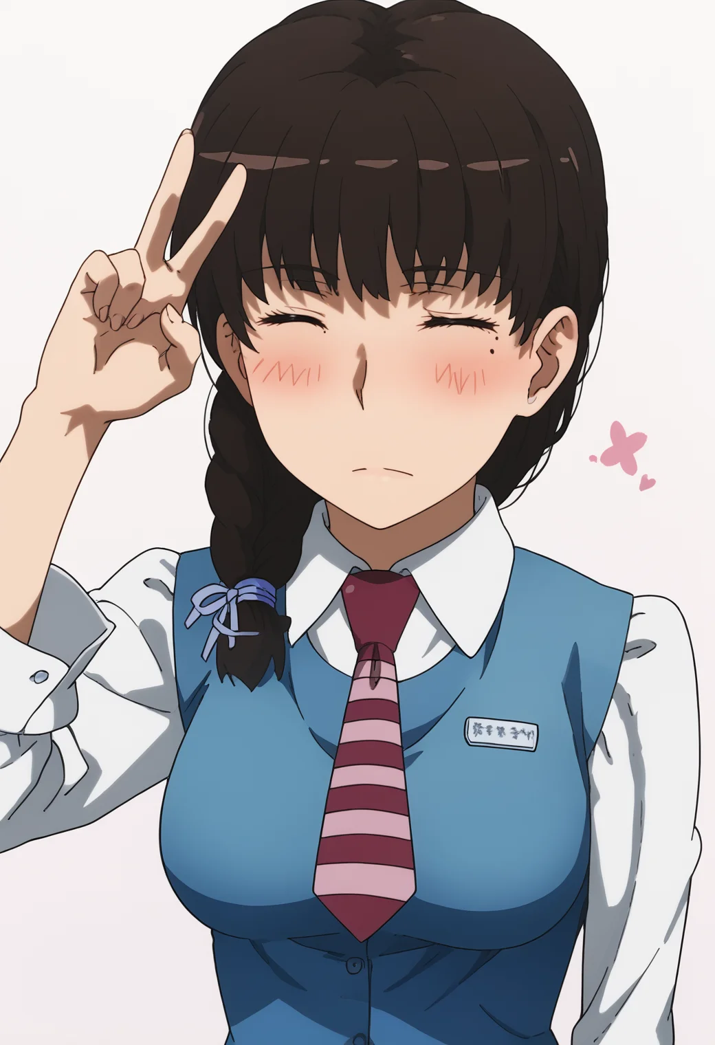 score_9, score_8_up, score_7_up, source_anime, BREAK white background, 1girl, solo, upper body  <lora:DX888Komachi:1> takamiya komachi, brown hair, braid, mole, , necktie, uniform, pencil skirt, office lady, v pose, blush, closed eyes