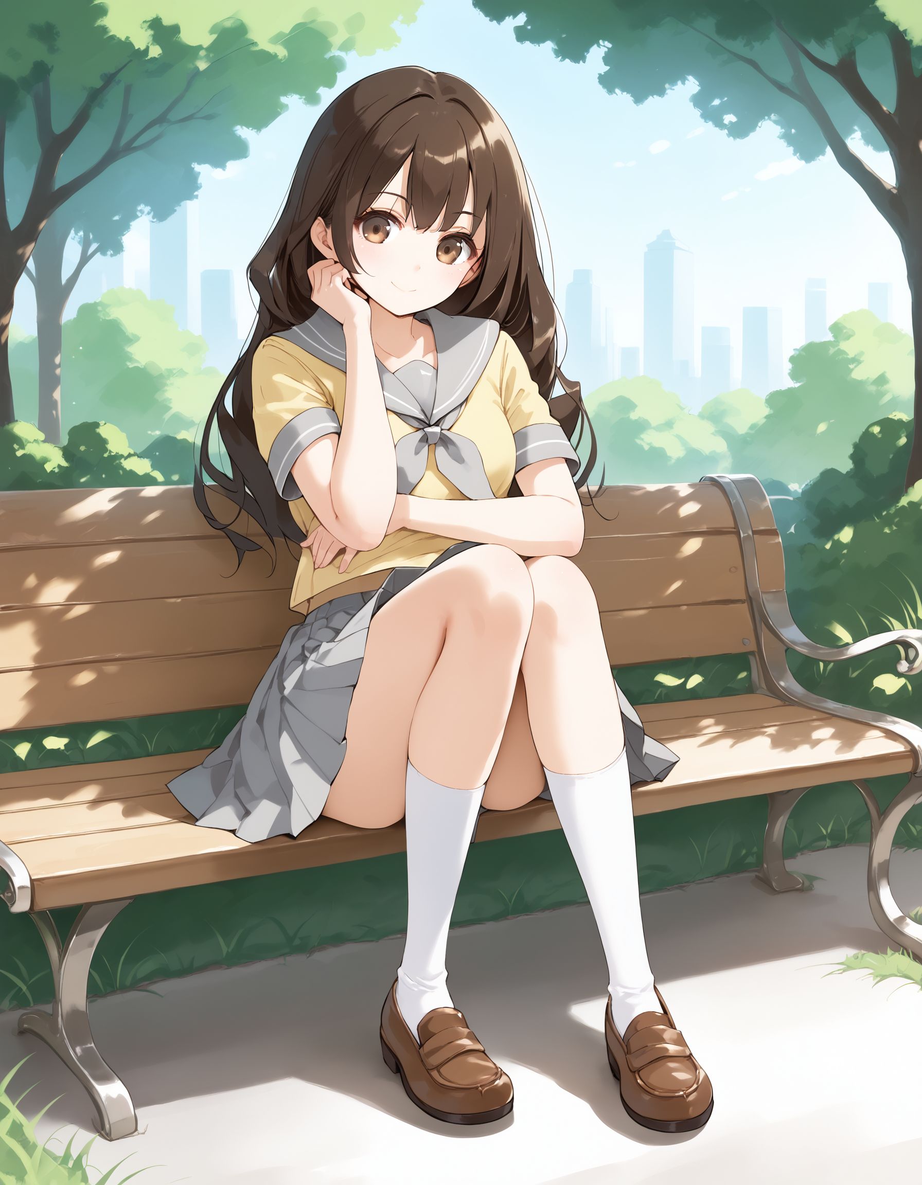 score_9, score_8_up, score_7_up, score_6_up, BREAK source_anime, best quality, masterpiece
1girl,<lora:lass bwPonyXL:0.8>,lass bw,grey sailor collar,grey neckerchief,yellow serafuku,skirt,socks,loafers,full body,sitting on park bench,smile,looking at viewer,park,
