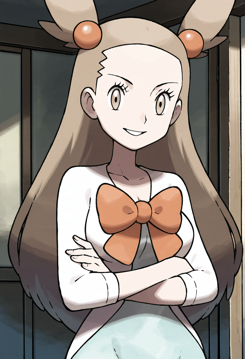 masterpiece, best quality, 1girl, solo, eyelashes, (beautiful eyes), shiny skin, looking at viewer, smile, aged up, large breasts,  zzJasmine, brown eyes, hair bobbles, hair ornament, light brown hair, two side up, long hair, forehead,  white cardigan, green dress, orange bow, sleeves past elbows,  <lora:JasminePokemon_IXL_v2:1.0>, arms crossed, head tilted, cowboy shot, confident look,  looking at viewer,