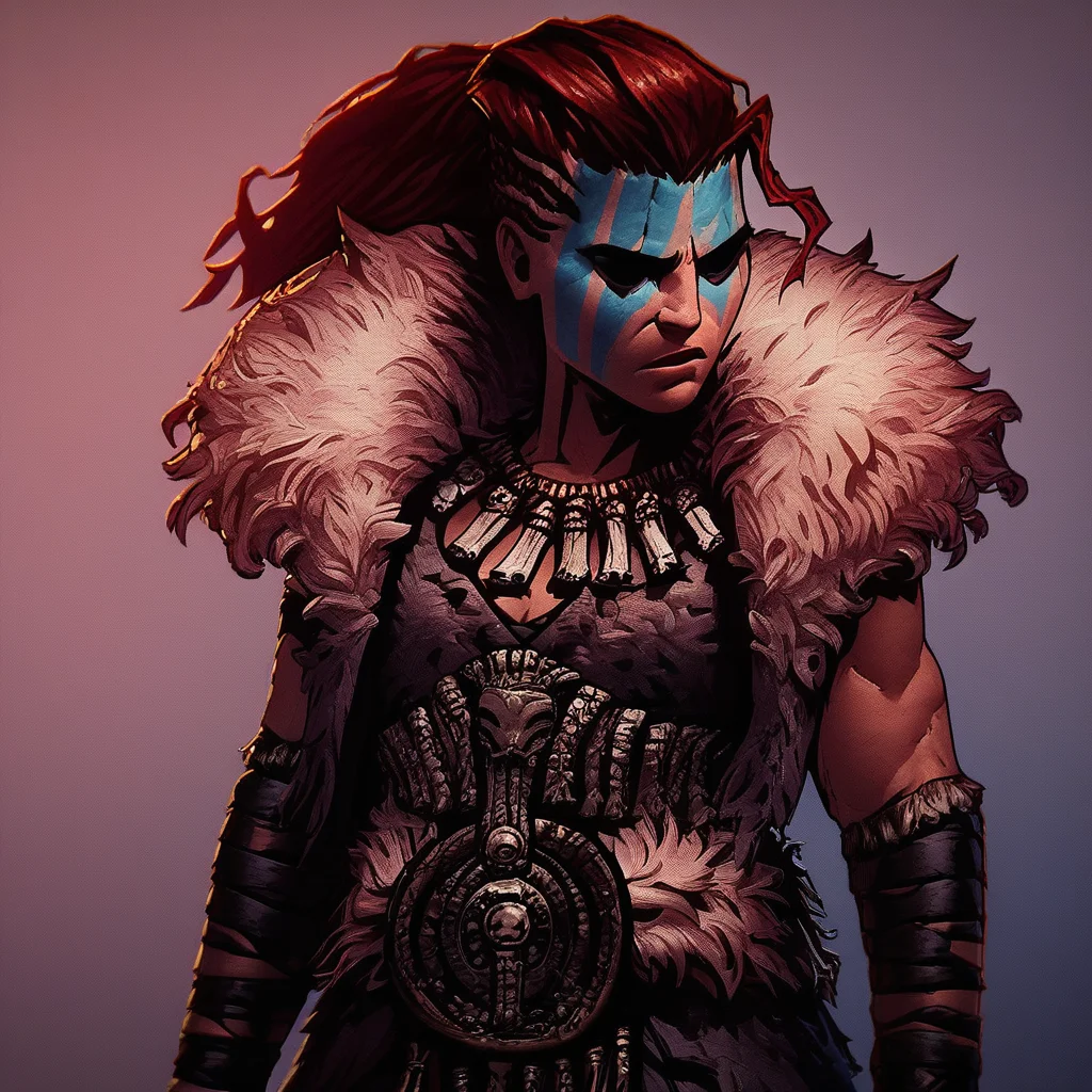 score_9, score_8_up, score_7_up, masterpiece, best quality, newest, absurdres, highres, 1girl, HellionDD-Il.V1.0, jewelry, necklace, red hair, armor, leather armor, fur coat, red hair, tribal, clevage,