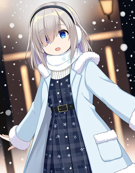 masterpiece, best quality, newest, absurdres, highres, safe, 1girl, isuzu ren \(winter costume\), magia record: mahou shoujo madoka magica gaiden, outdoor, snowing, dutch angle, <lora:isuzu_ren_noobaiXLNAIXL_vPred10Version:0.7>