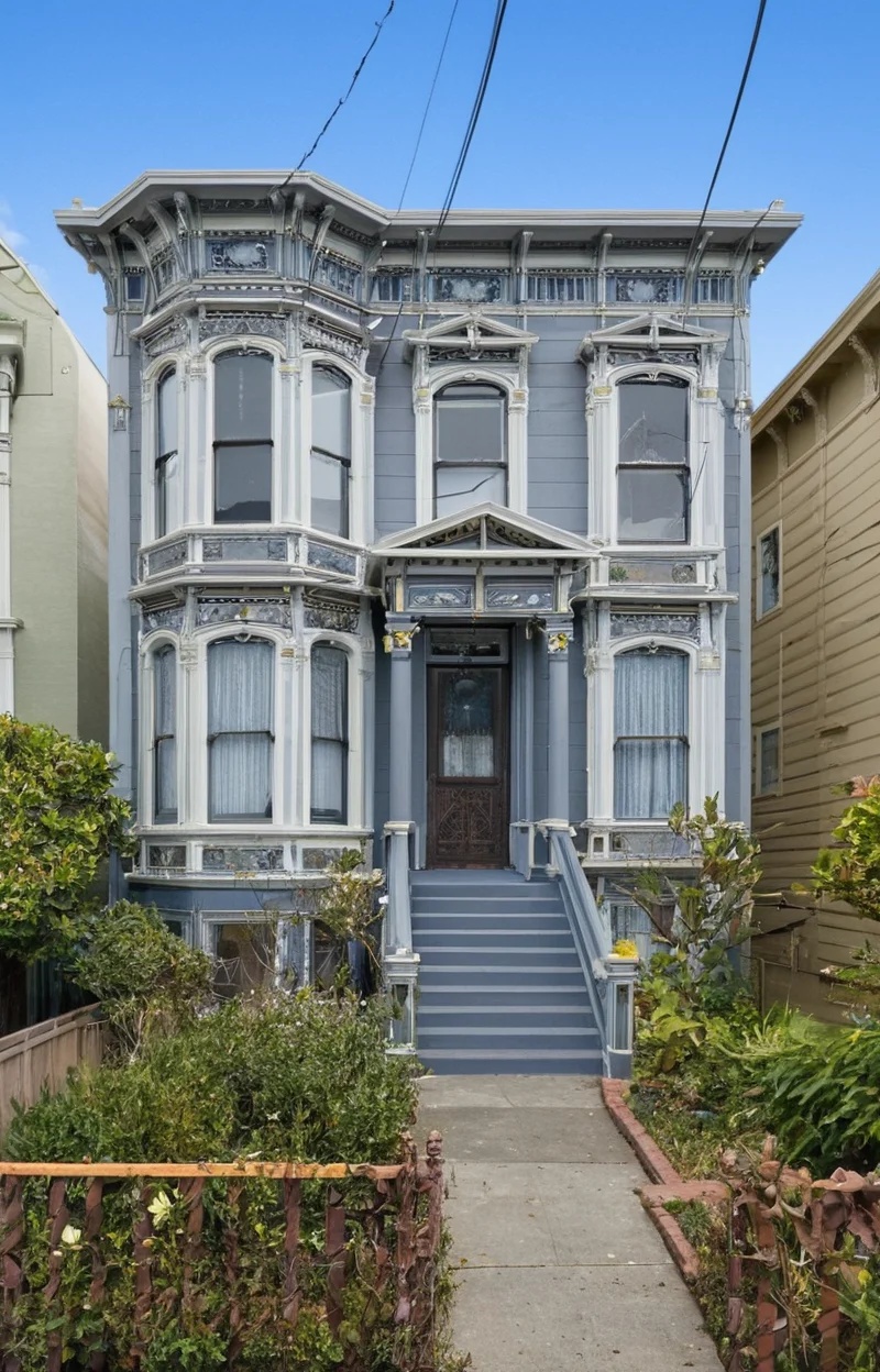 score_9,score_8_up,score_7_up, exterior, v1ct0r14n, 2 floors, victorian, Oakland, California, dilapidated, run down, transom, bay windows, small cornice, gray clapboard siding ,white trim, ornate, columns on portico, arched windows, bay windows, human scale, whole house in frame, tree power lines, telephone lines, car parked in front, 1970s, fence, bushes, front view, straight on, small cornice, small architrave, (people on street in foreground:1.3), vivid colors <lora:West_Oakland_Victorian:1>