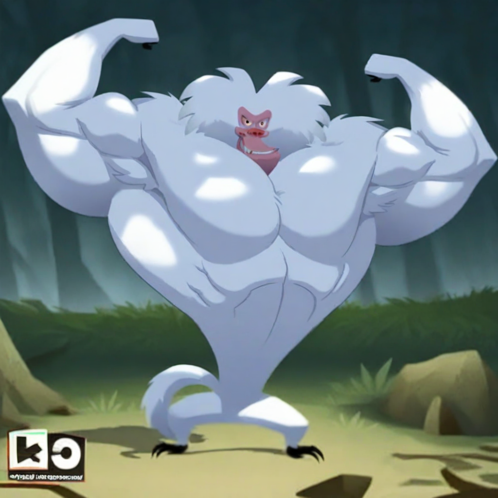 absurdres, masterpiece, 4k, 8k, cinematic lighting, dynamic posing BREAK Baboon, white fur, primate, villain, 1boy, solo, flexing biceps, evil smile, muscular male, large muscles, large pectorals, growing, looking at viewer BREAK forest