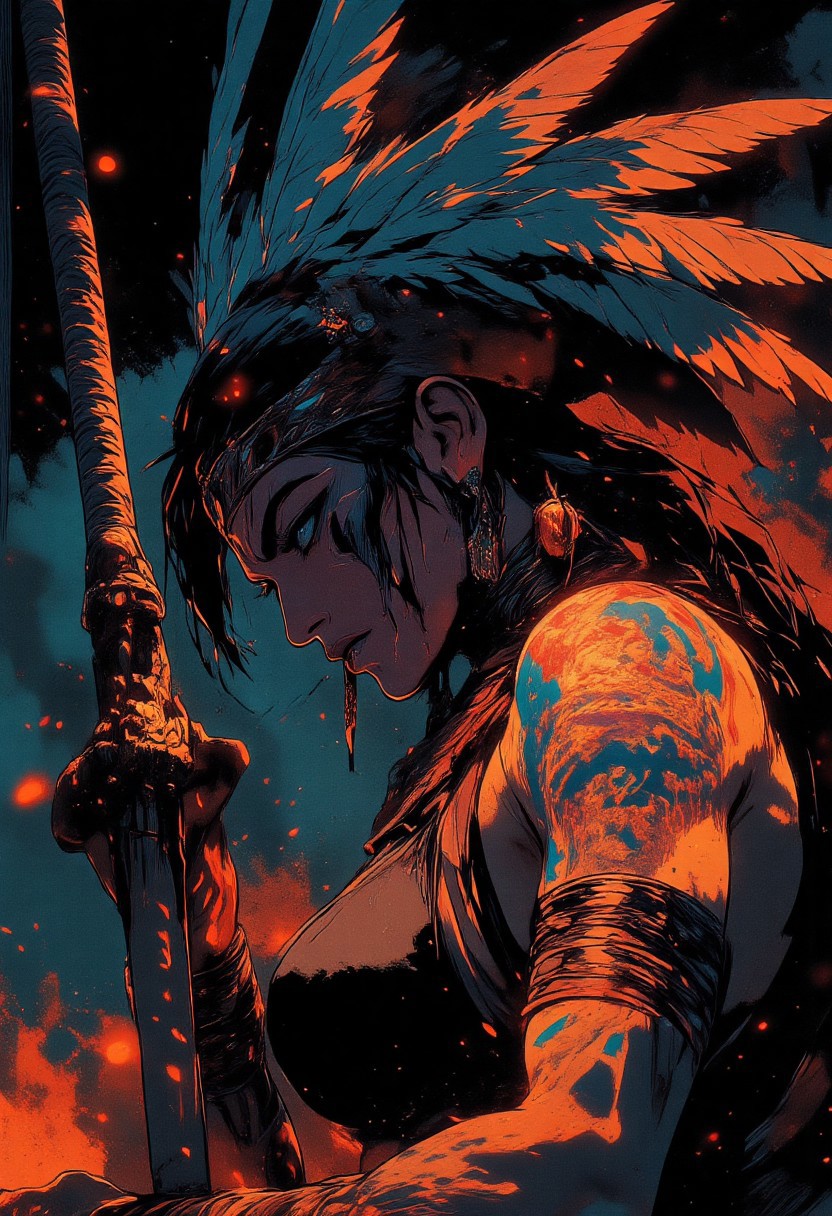 Female aztec warrior, tribal, wolf headdress, spirit energy, energies flowing, war paint, face paint, eye black, glowing eyes, in profile, toned arms, braided hair, large breasts, dark and moody background, adds a dramatic tone, subtle lighting reflections, ray traced, foreshortening, particle effect, Holding a sword,