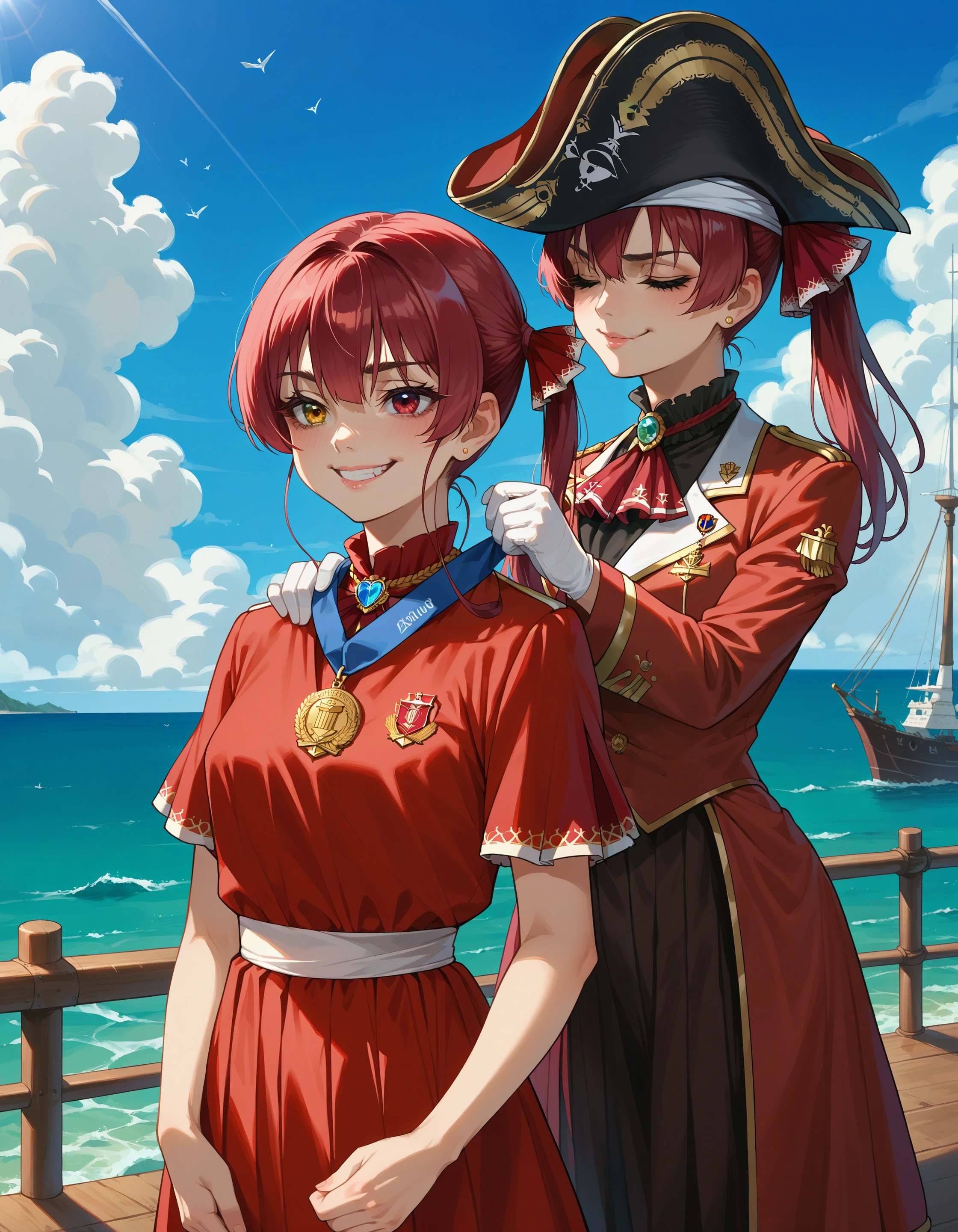 score_9, score_8_up, score_7_up, source_anime,
2girls, awarding medal, dress, behind another, on ship, ocean, cloudy sky, sunlight,
 ADDCOMM
(aua:1.2), red hair, heterochromia, smug, v,
 ADDCOL 
(aua:1.2), red hair, closed eyes, serious, pirate hat
<lora:concept_awarding-behind-rls:1>