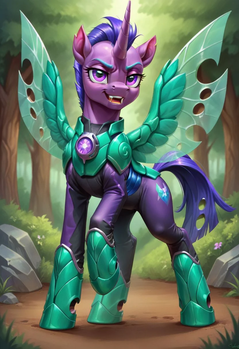 score_9, score_8, score_7, (source_pony, changeling, alicorn),
gmrider, green armor, purple bodysuit