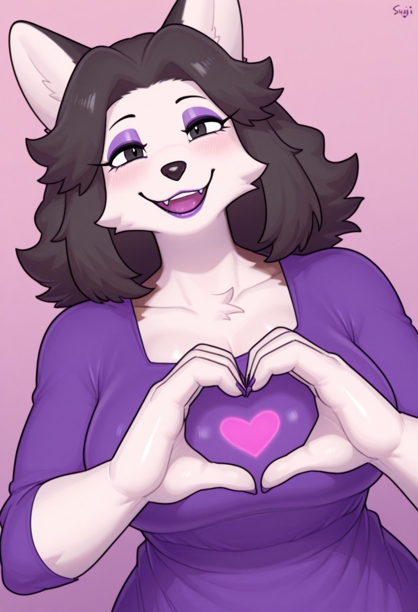 , 1girl, solo, medium build, medium hair, sfw, safe for work, covered skin, flowy dress,  black eyes, purple lipgloss, smiling, portrait, upper body, heart hands, mature female, foreshortening, detailed, newest, shiny skin, cowboy angle, solo focus, furry, anthro, furry female, medium breasts,susuigi