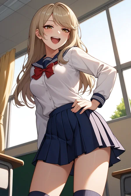score_9, score_8_up, score_7_up, source_anime, 1girl, prefect lighting, very aesthetic, intricate details, highly detailed background, masterpiece, high quality, prefect hands, best quality, solo,
<lora:Yurika_Kanazawa_Welcome_Home_Papa_V1:.85>, dirty blonde hair, eyes, swept bangs, dark yellow eyes, long eyelashes, long hair, sidelocks, half-closed eyes,
White school uniform, blue pleated skirt, kneehighs, long sleeves,
from below, pointing, laughing, blush, leaning forward, hand on own hip,
School, classroom, window, sunny, tree,
(Beautiful, medium Breasts:1.2), natural breasts,