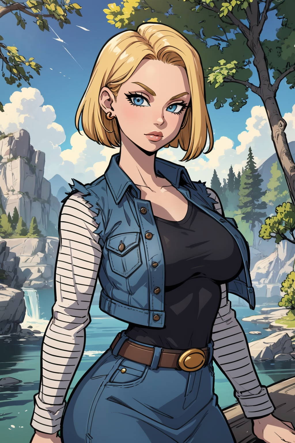 1girl, (solo:1.2), (looking at viewer:1.5), (upper body:1.5), (walking:1.2), (cowboy shot:1.5), (masterpiece:1.3), (best quality:1.3), (perfect anatomy:1.4), highly detailed, (secluded river scenery:1.2), (sunlight through trees:1.3), daylight,natural rock formations, nature,, <lora:DB - Android 18 [AsuraAI - v1.0]:0.85> android18, earrings, denim, belt, blonde hair, blue eyes, short hair, jewelry, (denim vest:1.2), open vest, black pantyhose, black shirt, denim skirt, (white striped long sleeves), blue skirt, large breasts, <lora:Agawa Ryou [MockAi - v1.0]:0.75> agawa, vibrant colors, warm palette, expressive, solid shading, clean lineart