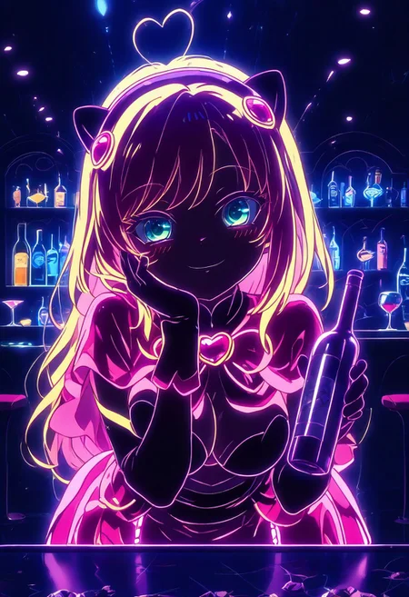 Expressiveh, score_9, score_8_up, score_7_up, score_6_up, score_5_up, score_4_up, godrays, 1girl, pose, smile, looking at viewer, hotel bar, neon, color lights, dim, night, (bent over table), face focus, sexy, ((holding a bottle of wine)), drunk, (glittering pastel clothing, glossy sparkling fabric) makeup, long eyelashes, glossy lipstick, blush, eyeshadow, hand on the cheek
(((rosia_(show_by_rock!!),))),