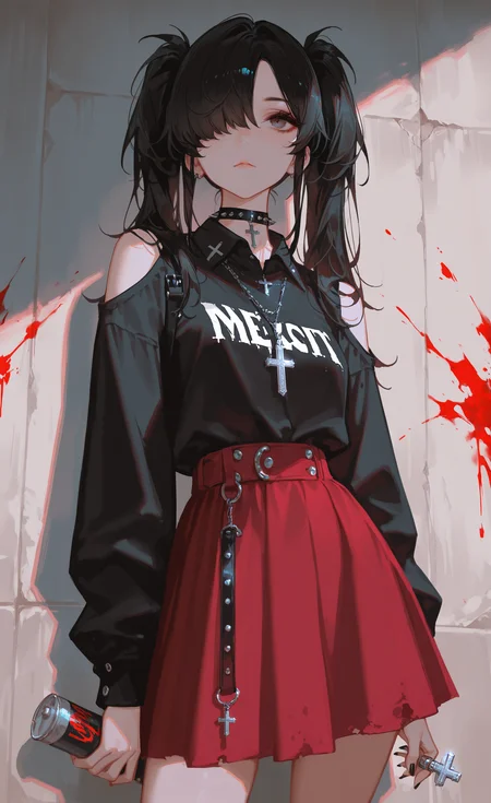 masterpiece, best quality, Good quality, very aesthetic, absurdres, newest, 1girl, black choker, black hair, black nails, black shirt, letter print, choker, clothing cutout, collared shirt, cross, cross necklace, hair over one eye, holding Hand spray paint, jewelry, long hair, nail polish, necklace, pink blood, red skirt, shirt, shoulder cutout, skirt, solo, spiked choker, spikes, twintails, <lora:ponyv4_noob1_2_adamW-000017:0.7> <lora:USNR_STYLE_XL_lokr:0.8> <lora:EtherSDXL:0.15>