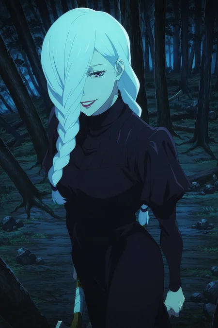 anime screencap, anime coloring, detailed face, masterpiece, best quality, very aesthetic, absurdres, volumetric lighting, official style, amazing quality, ultra detailed, highres, amazing quality, scenery, beautiful detailed hair, beautiful detailed eyes, defined fingers,
<lora:Mei_Mei_Jujutsu_Kaisen:1>
outdoors, night, forest, nature, tree,
Mei Mei standard appearance, Mei Mei (character), 1girl, solo, long hair, white hair, outdoors, dark purple eyes, standing, long sleeves, braid, axe, high angle, sadistic grin, looking at the viewer, hair over one eye, lipstick, braided hair,
