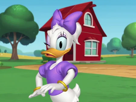Score_9, score_8_up, score_7_up, score_6_up, BREAK,
screencap, outdoors, grass, tree, blue sky, house,
<lora:Daisy_duck_Clubhouse:0.9> daisy duck clubhouse, black eyes, furry female, duck beak, eyeshadow, purple bow, short ponytail, purple shirt, puffy short sleeves, gold bracelet, upper body, looking at viewer, one eye closed, open mouth