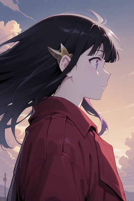 masterpiece, best quality, amazing quality,
<lora:Rouge_IL:1> rouge, 1girl, solo, long hair, black hair, upper body, from side, outdoors, hair ornament, red jacket, bangs, purple eyes, cloud, floating hair, sky, profile, jacket, redjac