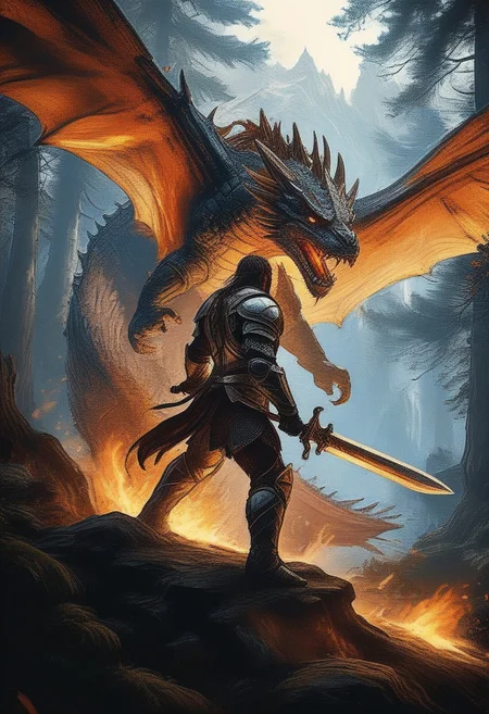 Knight fight against giant dragon, in beautiful forest, 8k action shot, knight in full armor, knight with giant flame sword,fighting, fantasy, gigantic dragon, bosstyle,