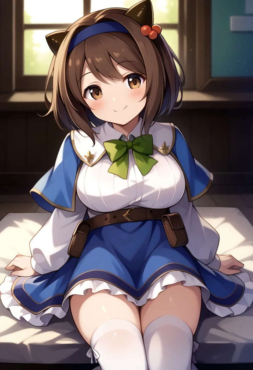 score_9, score_8_up, indoors, living room, source_anime, (good_hands), (perfect hands), masterpiece, 1girl, solo, perfect legs, detailed background, petite girl, (high quality), perfect eyes, cute, small,
gbfyaia, brown eyes, hairband, draph, large breasts, yaiadef, blue hairband, hair bobbles, blue capelet, white shirt, white sleeves, long sleeves, green bowtie, belt, pouch, blue skirt, white thighhighs, sitting, happy smile, closed mouth, very happy, bliss, blush, hands on legs