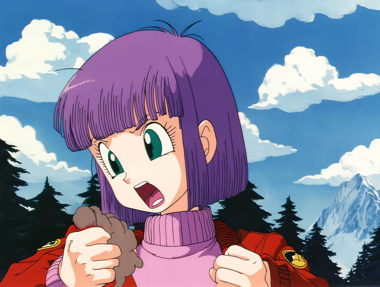 akiratoriyama art style, green eyes, open mouth, cloud, 1girl, purple hair, sky, jacket, blunt bangs, clenched hands, snow, bangs, short hair, long sleeves, solo,