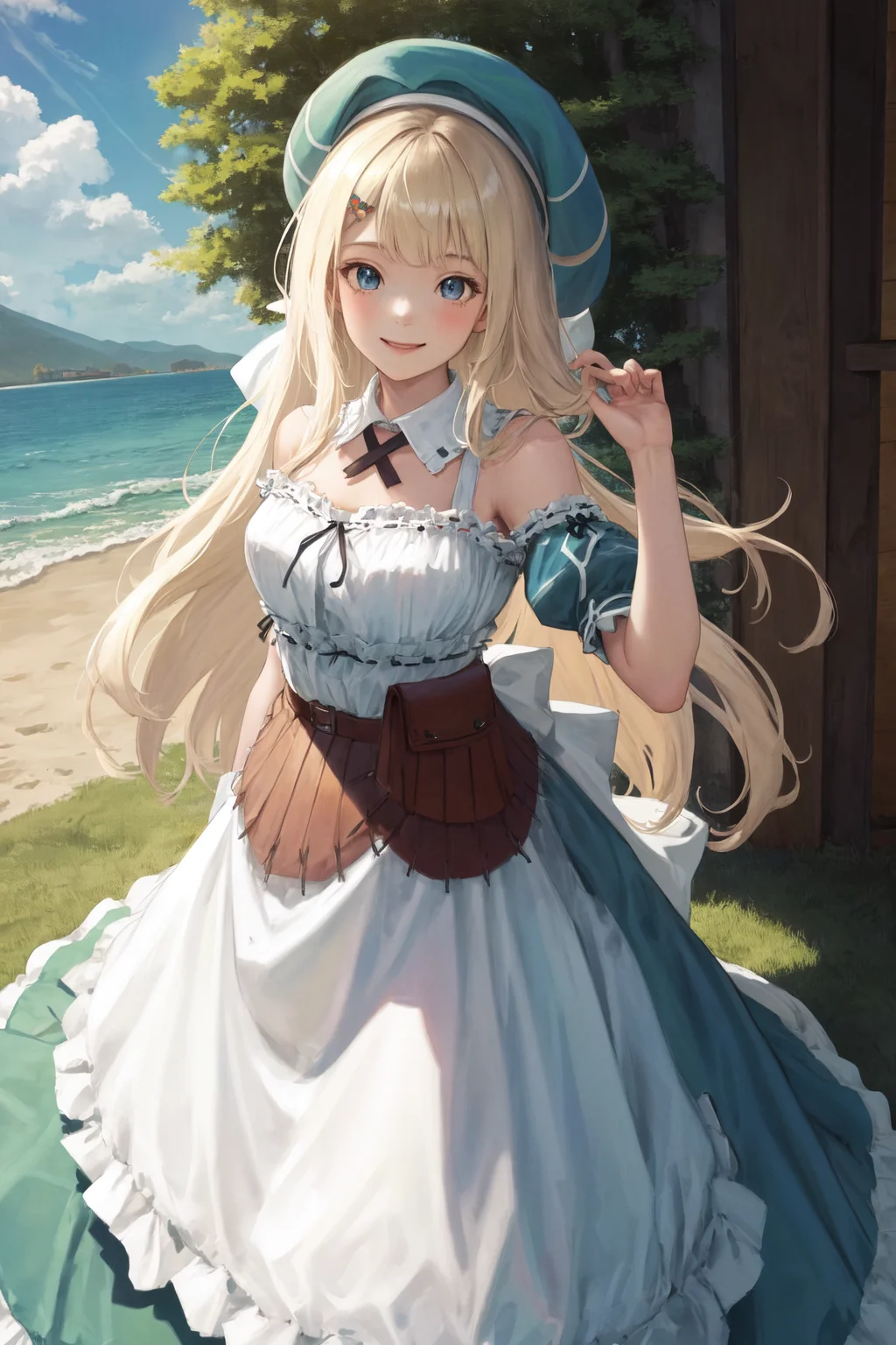 masterpiece, best quality, highres, 1girl yomi, hat dress apron <lora:yomi:1> smile, outdoors