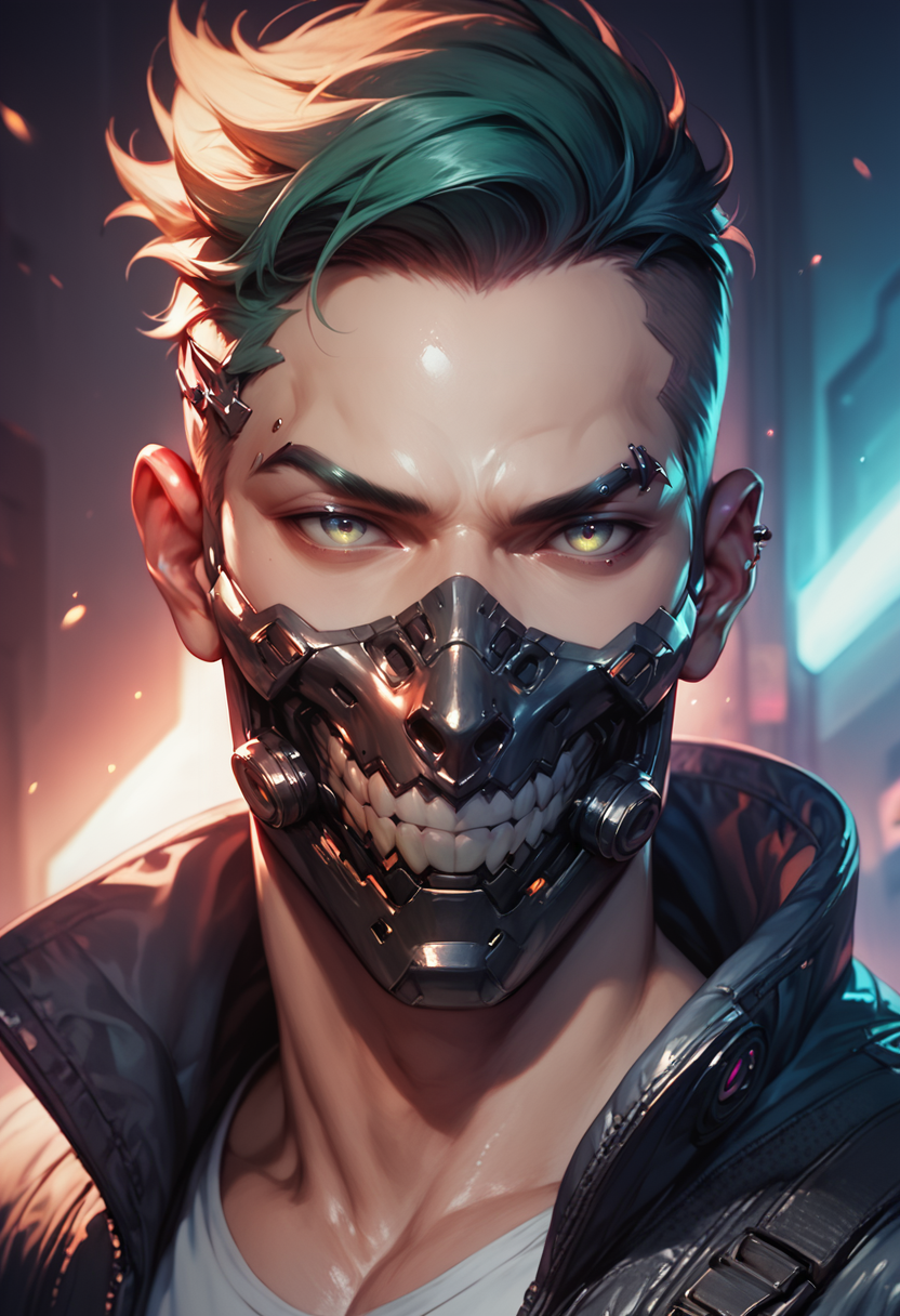 (score_9, score_8_up), score_7_up, looking at viewer, 1boy, jacket, teeth, shiny, mask, glowing, realistic, mouth mask, covered mouth, cyborg, cyberpunk, eyebrow piercing
<lora:masky-000009:0.8>