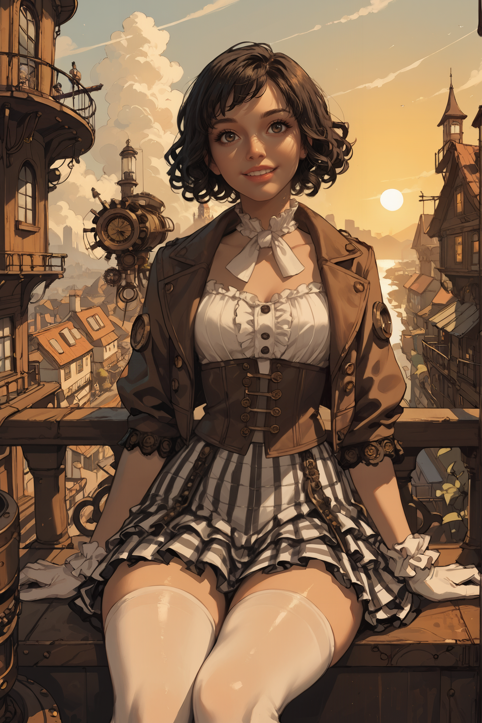 score_9_up, score_8_up, score_7_up, score_9_up, score_8_up, score_7_up, best quality, ultra highres, Casual, shiny highlights, 
1girl,  Sunset_Environment, Steampunk_Town_Environment, 
BREAK
BREAK
white stockings, short checkered  skirt, frilly skirt, open leather jacket, brown jacket, printed shirt, sitting, short bob, black hair, curly hair, scrunchies, happy, white silk gloves, ribbons,
original, sharp,
 <lora:incase---1:0.4>  <lora:RELSM_v1:0.7>  <lora:1g0rXLP:0.5> 1g0r <lora:Hyung_Tae_Kim_Style_BladeSoul_for_Pony:1> htk_style, anime illustration