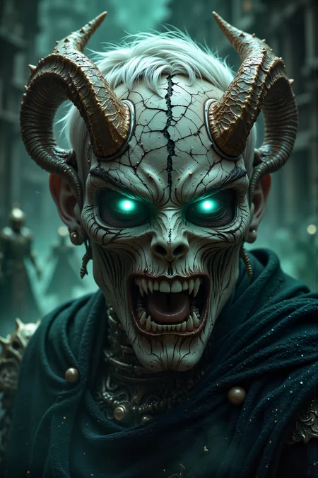 A hyper-realistic portrait, photorealistic photo close-up image of A close-up portrait of a male, with short, silver hair and pale, alabaster skin, belonging to a cursed race of undead knights. He appears to be in his late 30s, his eyes hollow and sunken beneath a cracked, horned mask. The mask is forged from ancient bone, with two large, twisted horns that jut out menacingly from either side, each one marked with the scars of countless battles. The surface of the mask is covered in deep cracks and chips, as if it has been worn through centuries of combat, and from within, faint whispers of the dead can be heard. His mouth is slightly open, revealing sharp, decayed teeth, and his eyes, visible through the maskâs hollow sockets, glow with a sickly green light. The background is a swirling fog of dark greens and grays, with ghostly figures emerging from the mist, creating a scene that is both eerie and unsettling. The combination of the horned mask and the ghostly background gives him the appearance of a haunted, undead warrior, cursed to wander the battlefield for all eternity. (photography, high-resolution, dynamic, energetic,hyper-realistic, dramatic lighting, shallow depth of field.), detailmaximizer, MythP0rt<lora:midjourney_whisper_flux_lora_v01:0.55><lora:aidmaMJ6.1-FLUX-V0.1:0.4><lora:FluxMythP0rtr4itStyle:0.4><lora:detailed_flux_ntc:2.2><lora:aidmaImageUpgrader-FLUX-V0.1:0.65>