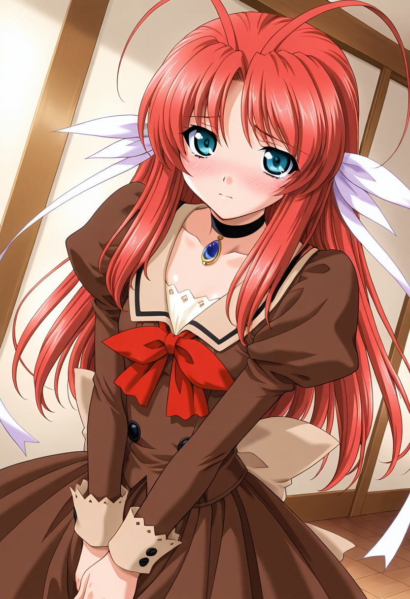 masterpiece,best quality,amazing quality, 1girl, c tear, long hair, red hair, antenna hair, aqua eyes, hair ribbon, brown dress, choker, blue brooch, red bowtie, juliet sleeves, long sleeves, beige bow, indoors, looking at viewer, shiny skin, blush, dutch angle,  <lora:Princess_Tear_ILLUS_c-000009:0.9>