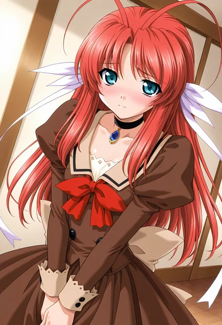 masterpiece,best quality,amazing quality, 1girl, c tear, long hair, red hair, antenna hair, aqua eyes, hair ribbon, brown dress, choker, blue brooch, red bowtie, juliet sleeves, long sleeves, beige bow, indoors, looking at viewer, shiny skin, blush, dutch angle, <lora:Princess_Tear_ILLUS_c-000009:0.9>