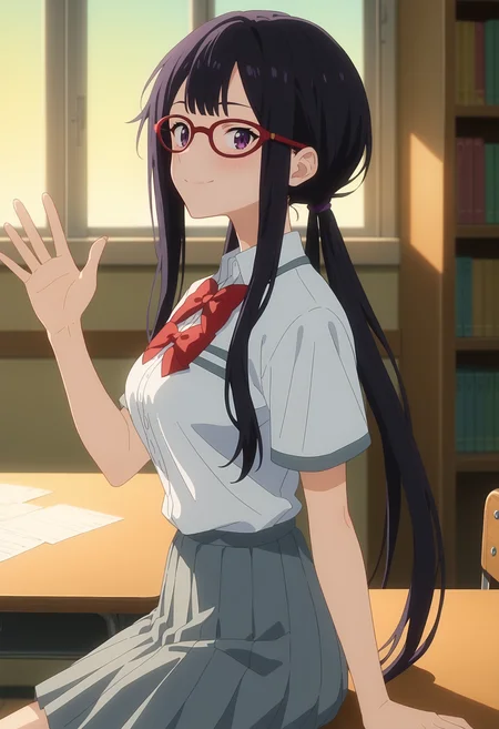 score_9, score_8_up, score_7_up, anime screencap, source_anime, 1girl, solo,
<lora:Koto_Tsukinoki_Makeine_V1:.85>, KJOkoto, black hair, purple eyes, long hair, low twintails, red glasses, 
school uniform, grey skirt, short sleeves, bowties,
sitting, on table. waving, from side, looking at viewer, smile, blush, 
library, sunset, indoors, window, 
(Beautiful, medium Breasts:1.2),
