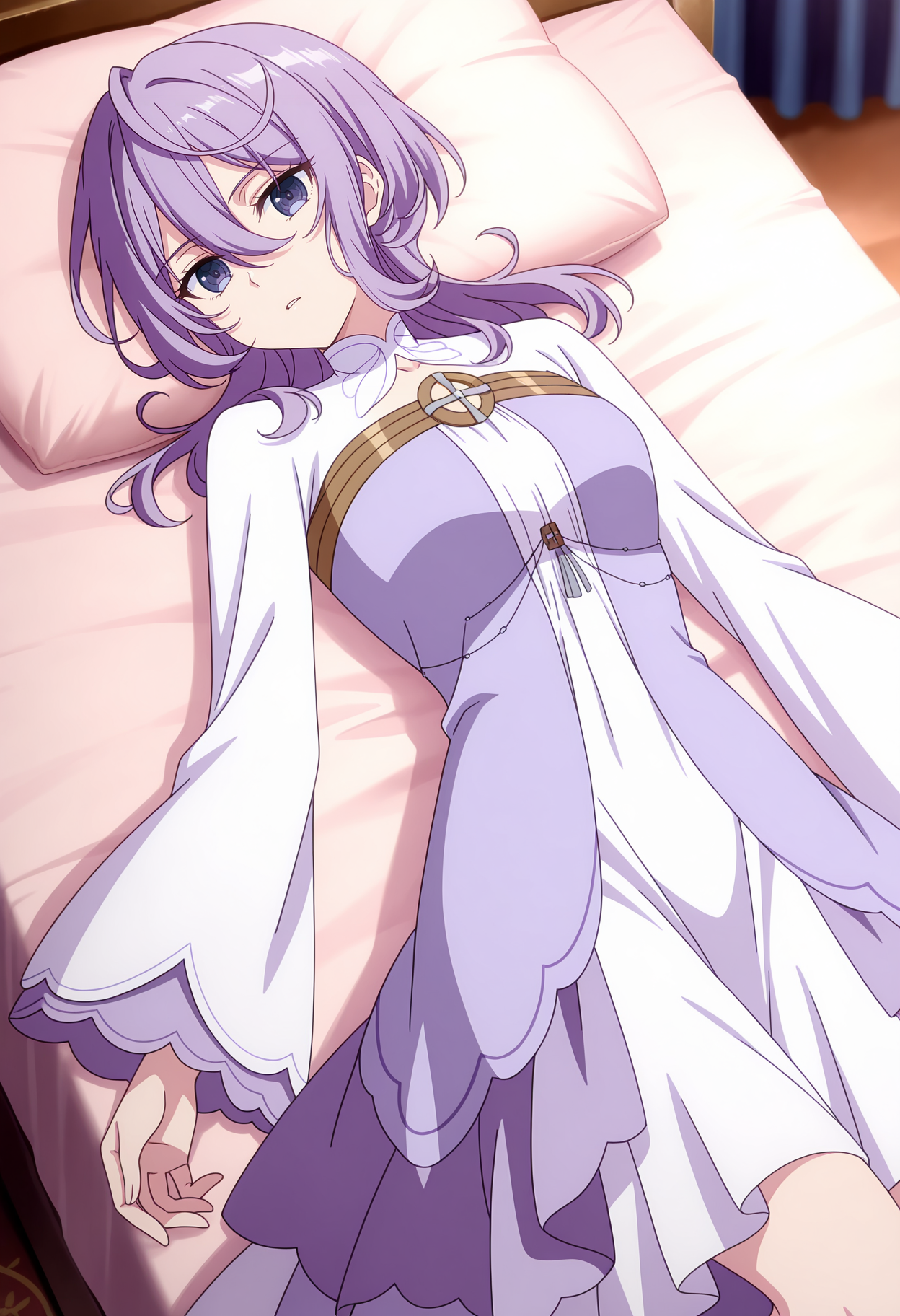 anime screencap, masterpiece, best quality,
<lora:Kanpekiseijo_PhiliaAdenauer_IlluXL:0.9>,
1girl, solo, parted lips, expressionless,
hair between eyes, long hair, purple hair, purple eyes,
frilled dress, multicolored dress, white dress, purple dress, clothing cutout, long sleeves, wide sleeves,
lying, on bed, pillow, looking at viewer, from above,
indoors, night, photo background, blurry background
