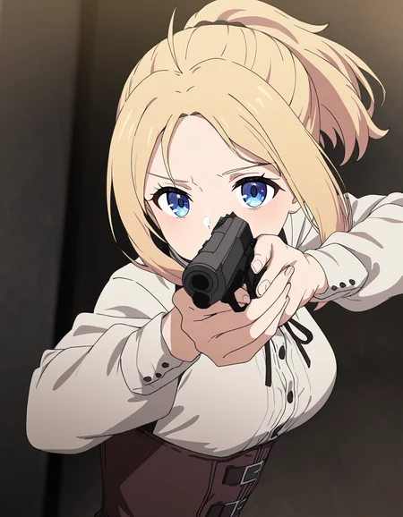 masterpiece, best quality, newest, absurdres, highres, safe,, <lora:zenith-greyrat-s1-ponyxl-lora-nochekaiser:1>, zenith greyrat, short hair, blonde hair, blue eyes, ponytail, ahoge, medium breasts, anime screencap, <lora:center-axis-relock-stance-illustriousxl-lora-nochekaiser:1>, center axis relock stance, looking at viewer, holding, closed mouth, weapon, holding weapon, gun, holding gun, handgun, aiming, finger on trigger, aiming at viewer, m1911,, ,