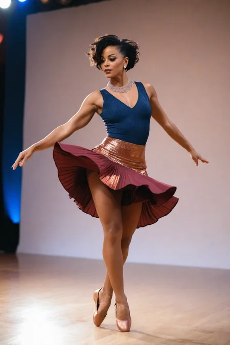 <lora:LCM_LoRA_Weights_SDXL>,Stable_Yogis_PDXL_Positives,a 42year old middle-aged Woman,from canadian, ebony skin, black eyes,medium Hairs, fade haircut, necklace,(wearing a ribbed Navy, Burgundy, and Copper,playful, tiered skirt with a snug, sleeveless top made of moisture-wicking fabric, performing a lively rumba in a dance competition),a dancer performs a series of quick turns, showcasing their agility and skill,a vibrant dance space with a disco ball reflecting colorful lights across a large dance floor,(full body photo:1.4),(full body:1.4),(full shot:1.4),(full body shot:1.4),(from behind,from_back:1.2),((from below:1.3),, (highly detailed skin with hairs:1.1),(detailed skin:1.1),detailed face,(detailed eyes:1.1),very high intricate detailing,sharp focus,Masterpiece,best quality,photo,realistic,very aesthetic,