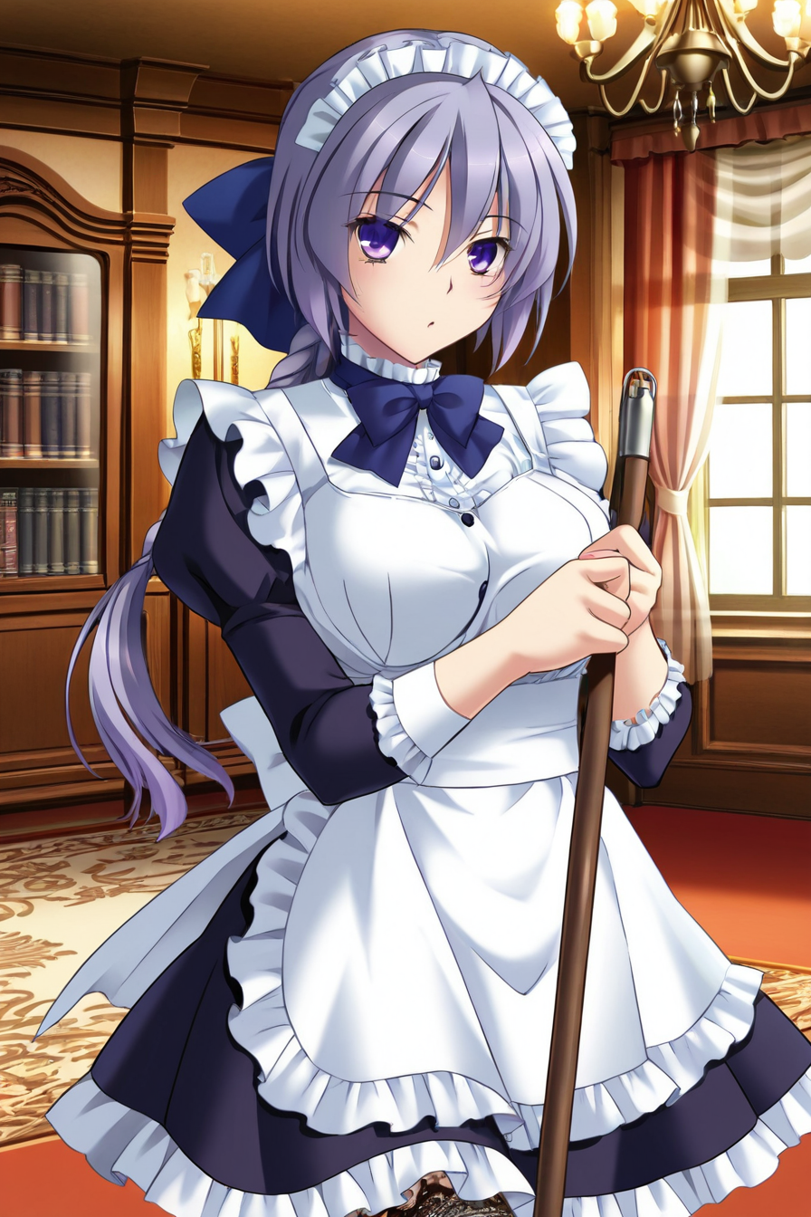 (masterpiece, best quality, game cg,highly_detailed,extremely_detailed_CG_unity_8k_wallpaper,illustration,highres,absurdres:1.2),1girl,solo,   <lora:Ryou_Yakata:1>YKTRyou,violet hair,purple eyes,short hair,spiky bangs,long braid,hair bow,blue bow,maid headdress,ribbon tie,maid dress,puffy sleeves,apron,frilled skirt, lace band stockings,indoors, manor;window, chandelier, bookshelf, rug, curtains,holding a boom,cleaning,cowboy shot,looking at viewer,focusing