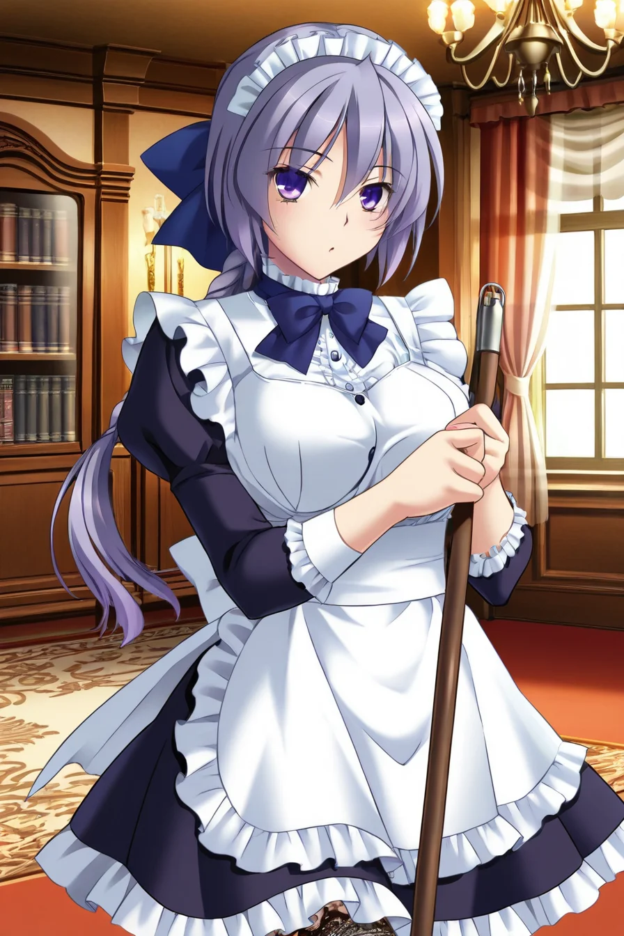 (masterpiece, best quality, game cg,highly_detailed,extremely_detailed_CG_unity_8k_wallpaper,illustration,highres,absurdres:1.2),1girl,solo, <lora:Ryou_Yakata:1>YKTRyou,violet hair,purple eyes,short hair,spiky bangs,long braid,hair bow,blue bow,maid headdress,ribbon tie,maid dress,puffy sleeves,apron,frilled skirt, lace band stockings,indoors, manor;window, chandelier, bookshelf, rug, curtains,holding a boom,cleaning,cowboy shot,looking at viewer,focusing