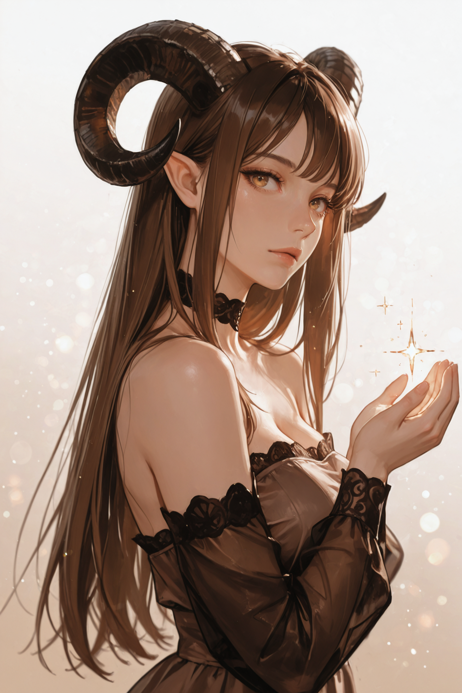 1girl, horns, solo, long hair, pointy ears, looking at viewer, brown hair, bare shoulders, , upper body, sheep horns, , light brown eyes, dress, choker, curled horns, straight hair, breasts,, detached sleeves, , brown dress, nose, from side, , , brown hair, , eyelashes, , see-through, hazel eyes, looking to the side, strapless dress, demon girl, light particles, sparkle, cupping hands, simple background, white background, gradient background, brown background, looking at viewer,
<lora:rimixO:0.6>, masterwork, masterpiece, best quality,  detailed, depth of field, , high detail, best quality, very aesthetic, 8k, dynamic pose, depth of field, dynamic angle, adult,  aged up