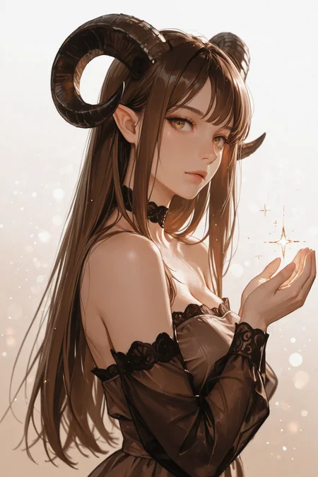 1girl, horns, solo, long hair, pointy ears, looking at viewer, brown hair, bare shoulders, , upper body, sheep horns, , light brown eyes, dress, choker, curled horns, straight hair, breasts,, detached sleeves, , brown dress, nose, from side, , , brown hair, , eyelashes, , see-through, hazel eyes, looking to the side, strapless dress, demon girl, light particles, sparkle, cupping hands, simple background, white background, gradient background, brown background, looking at viewer,
<lora:rimixO:0.6>, masterwork, masterpiece, best quality,  detailed, depth of field, , high detail, best quality, very aesthetic, 8k, dynamic pose, depth of field, dynamic angle, adult,  aged up