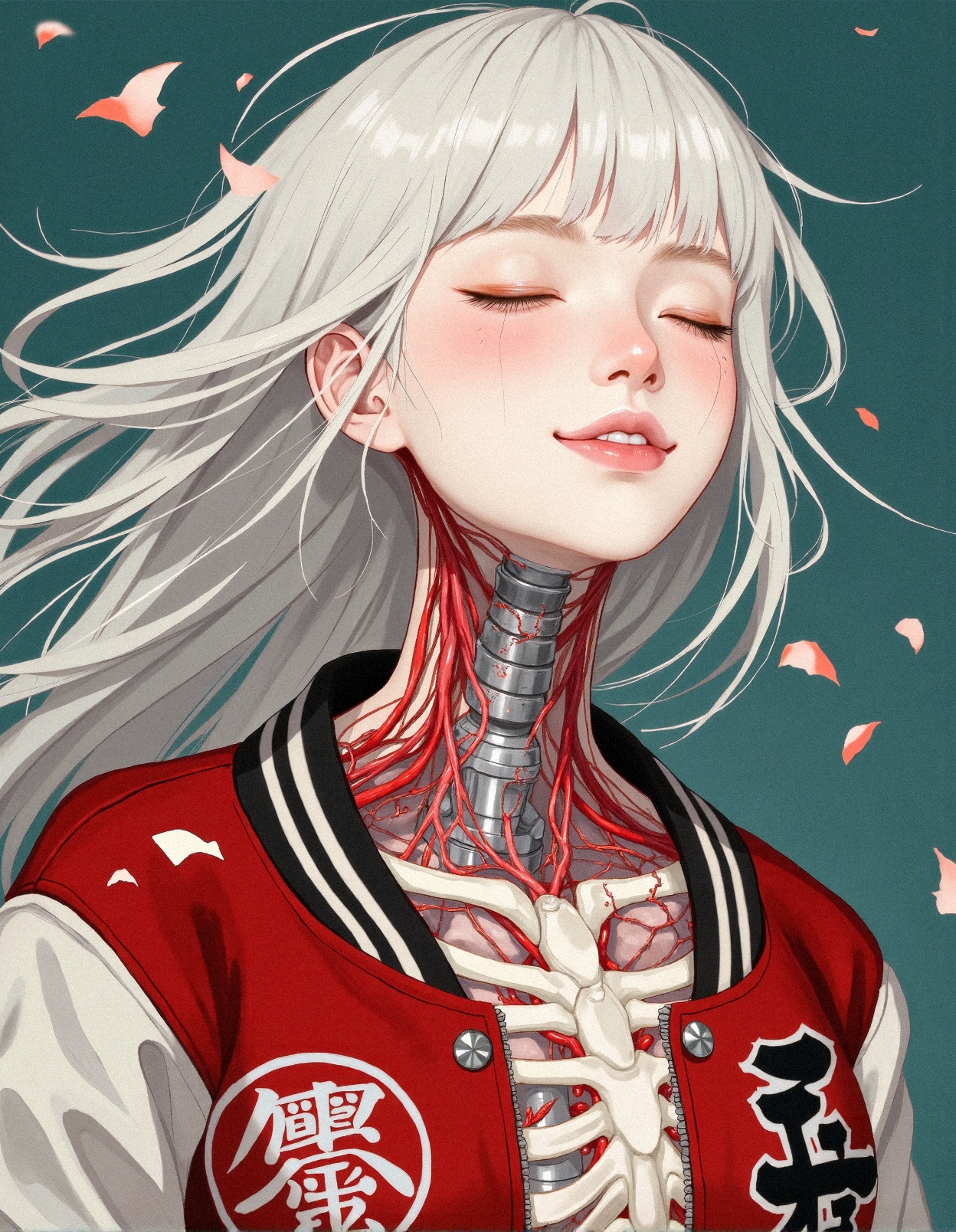 A surreal and intricately detailed anime-style illustration of a beautiful young woman with silver-white flowing hair, her head slightly tilted back as she smiles blissfully with her eyes closed, exuding a dreamlike serenity. Her delicate skin appears cracked, revealing an underlying biomechanical structure intertwined with organic tissues—her exposed neck and chest reveal a striking fusion of human anatomy and cybernetic elements, where pale, intricate bones are interwoven with vibrant red veins and sinewy tendrils, contrasted against patches of exposed metallic structures. Tiny shattered fragments of porcelain-like skin float around her, giving an impression of fragility and transformation. She wears a bold red and black varsity jacket, with intricate Japanese kanji symbols embroidered across its surface, the fabric carefully detailed with subtle folds and realistic textures. The background is a deep teal, providing a stark contrast to her pale complexion and the vibrant crimson hues of her internal structures. The entire composition is an exquisite balance between macabre beauty and futuristic cyber-organic surrealism, rendered in a hyper-detailed anime-inspired style with breathtaking precision and a painterly finish.
 <lora:FluxDFaeTasticDetails:0.3> <lora:Dreamy_Korean_Style_Illustration_FLUX_LoRA:0.5> <lora:realism_lora_comfy_flux_converted:0.5>