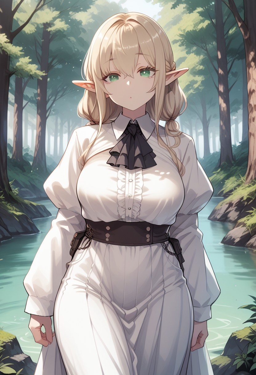 score_9, score_8_up, score_7_up, 1girl, solo, DeadflowP, scenery, (big breasts:0.8). (wide thighs:1.1), (wide hips:1.1), (mature woman:1.1), (high definition eyes:1.2), masterpiece, best quality, intricate details, gorgeous blonde elf woman, (green eyes), perfect anatomy, perfect face:1.1), white one-piece uniform, sharp focus, looking at viewer, ultra-high definition, extremely detailed illustration, smooth, detailed background, forest, seductive, venusbody