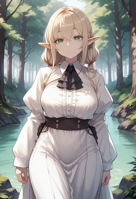 score_9, score_8_up, score_7_up, 1girl, solo, DeadflowP, scenery, (big breasts:0.8). (wide thighs:1.1), (wide hips:1.1), (mature woman:1.1), (high definition eyes:1.2), masterpiece, best quality, intricate details, gorgeous blonde elf woman, (green eyes), perfect anatomy, perfect face:1.1), white one-piece uniform, sharp focus, looking at viewer, ultra-high definition, extremely detailed illustration, smooth, detailed background, forest, seductive, venusbody